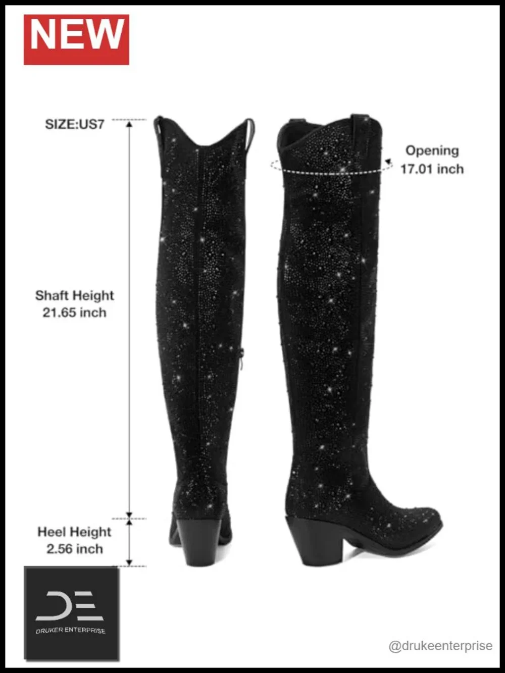 Rhinestone Over the Knee Cowgirl Boots with Block Heel, Side Zipper